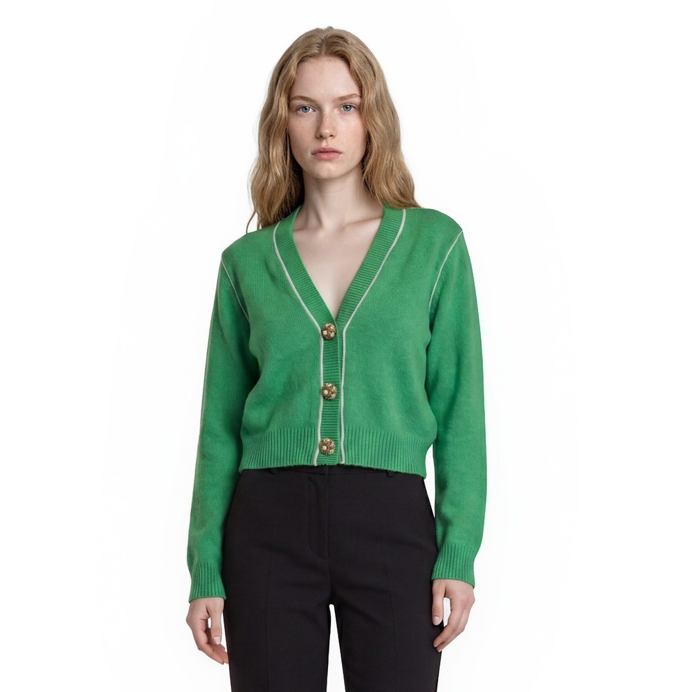 Cabi Cardigan Sweater Womens Size Medium Green Jewel Button Cropped Jewel Button